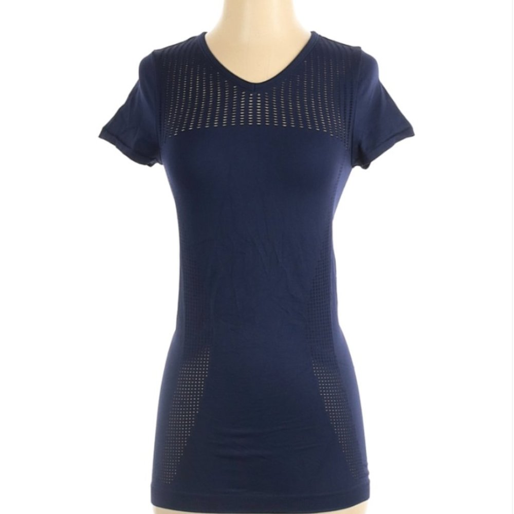 ATHLETA | Seamless Diamond Mesh Ruched Trophy Tee Top in Navy Blue XS - Picture 5 of 6
